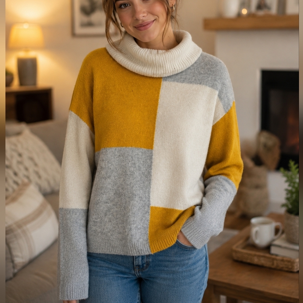 C&C California Colorblock Cowl Neck Sweater Medium Mustard Gray Knit Pullover